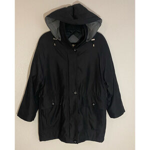 London Fog Winter Coat, Womens Jacket Petite Size S, Hood, Pockets, Black Zip Up